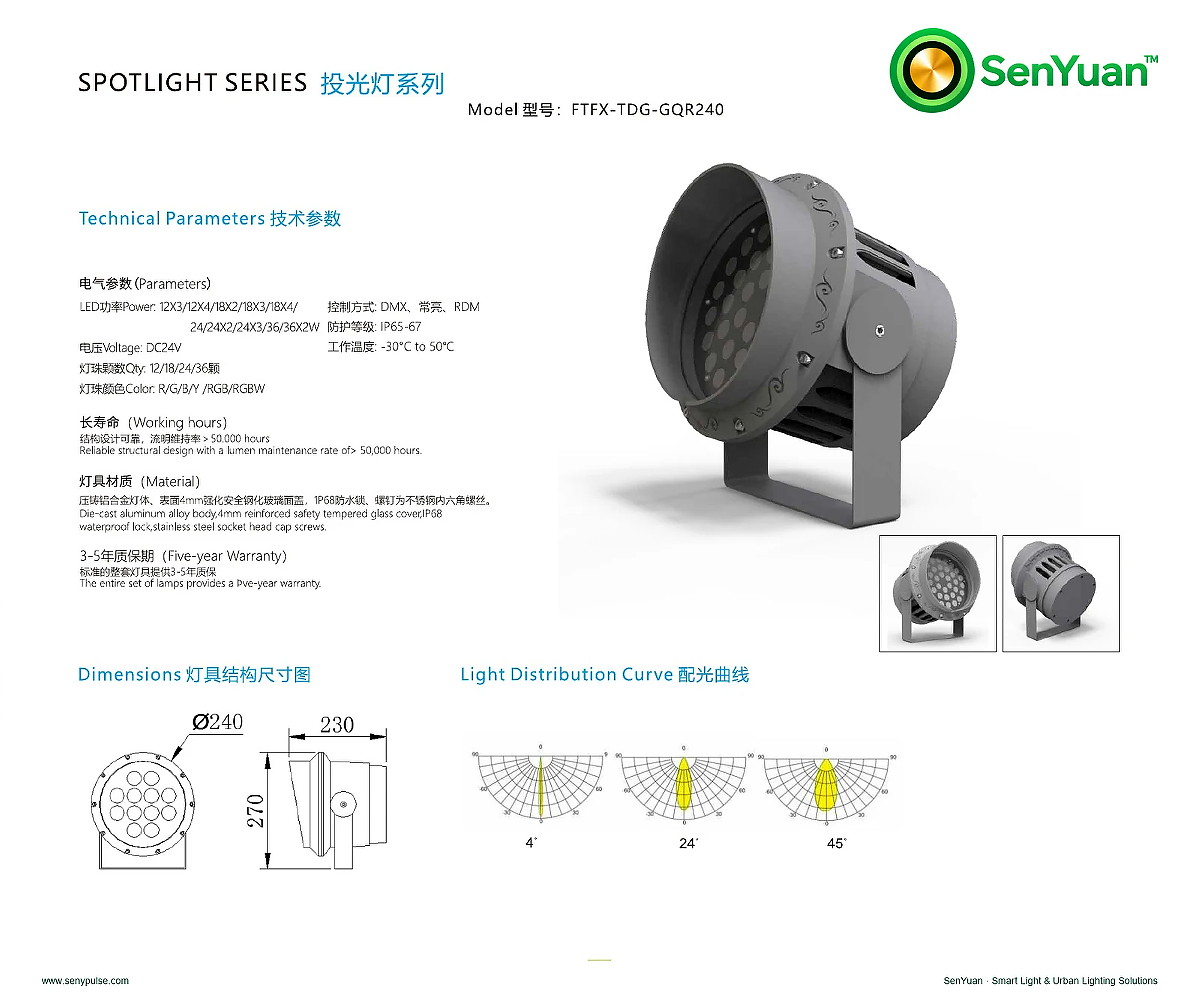 Round Spotlight GQR240 complete specification sheet